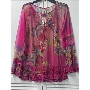 Johnny Was Biya Pink Mazzy Floral Mesh Peasant Slip Blouse B14824 Size Small New